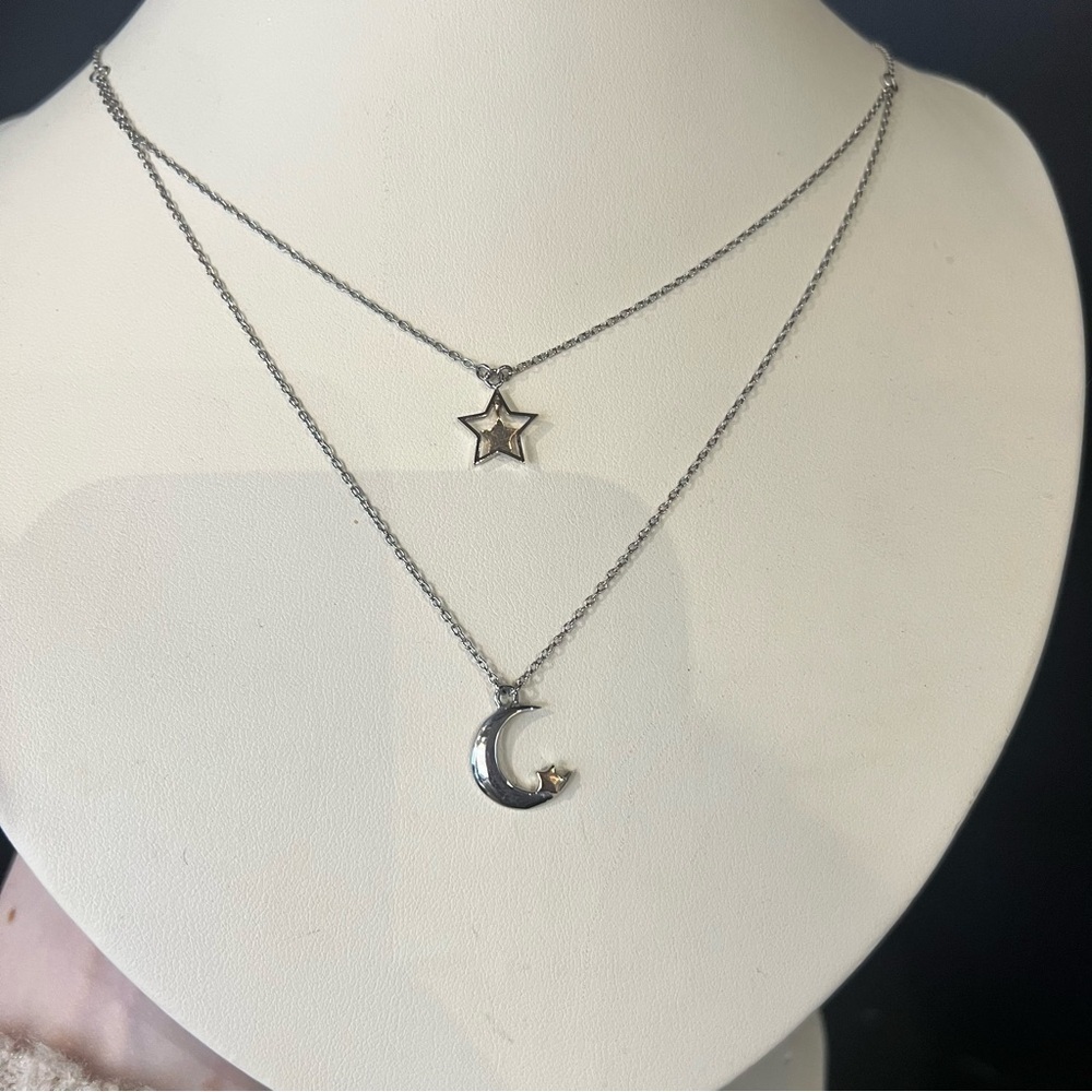 Stainless Steel Star & Moon Layered Necklace - Picture 3 of 4
